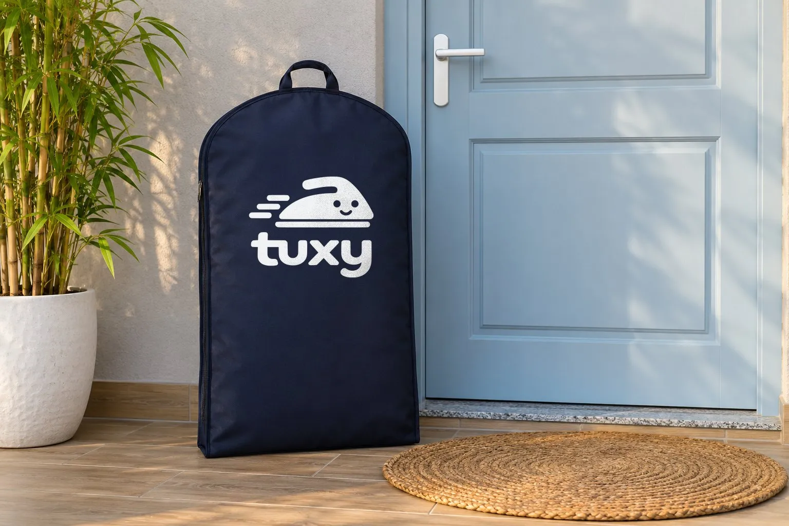 A navy Tuxy garment bag beside a pale blue painted door with a white handle on a pale grey wall, with a bamboo plant in a white pot and a round woven doormat.