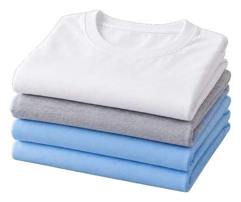 A stack of folded t-shirts in white, grey and light blue