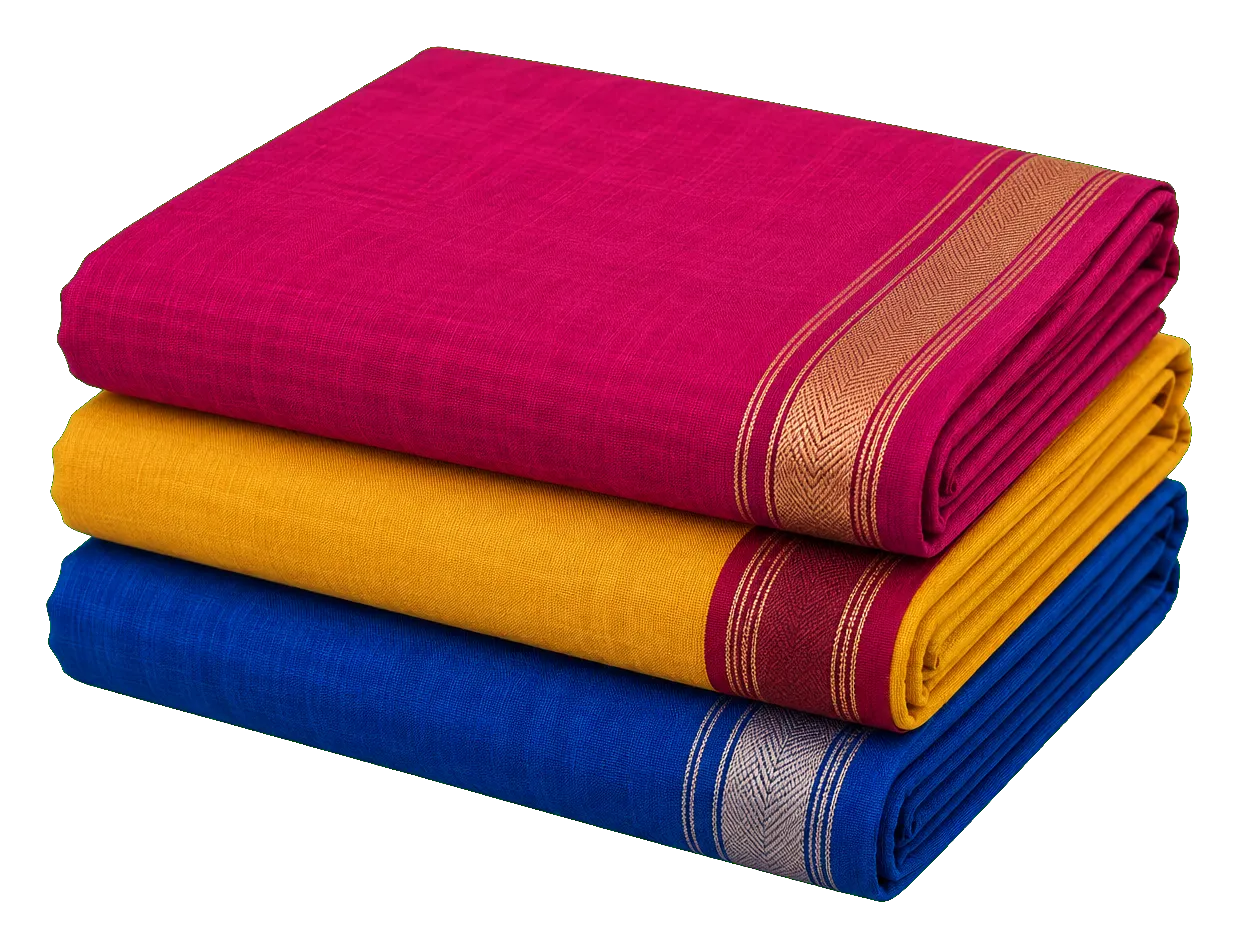 A stack of three folded cotton sarees in magenta, mustard and blue, borders showing