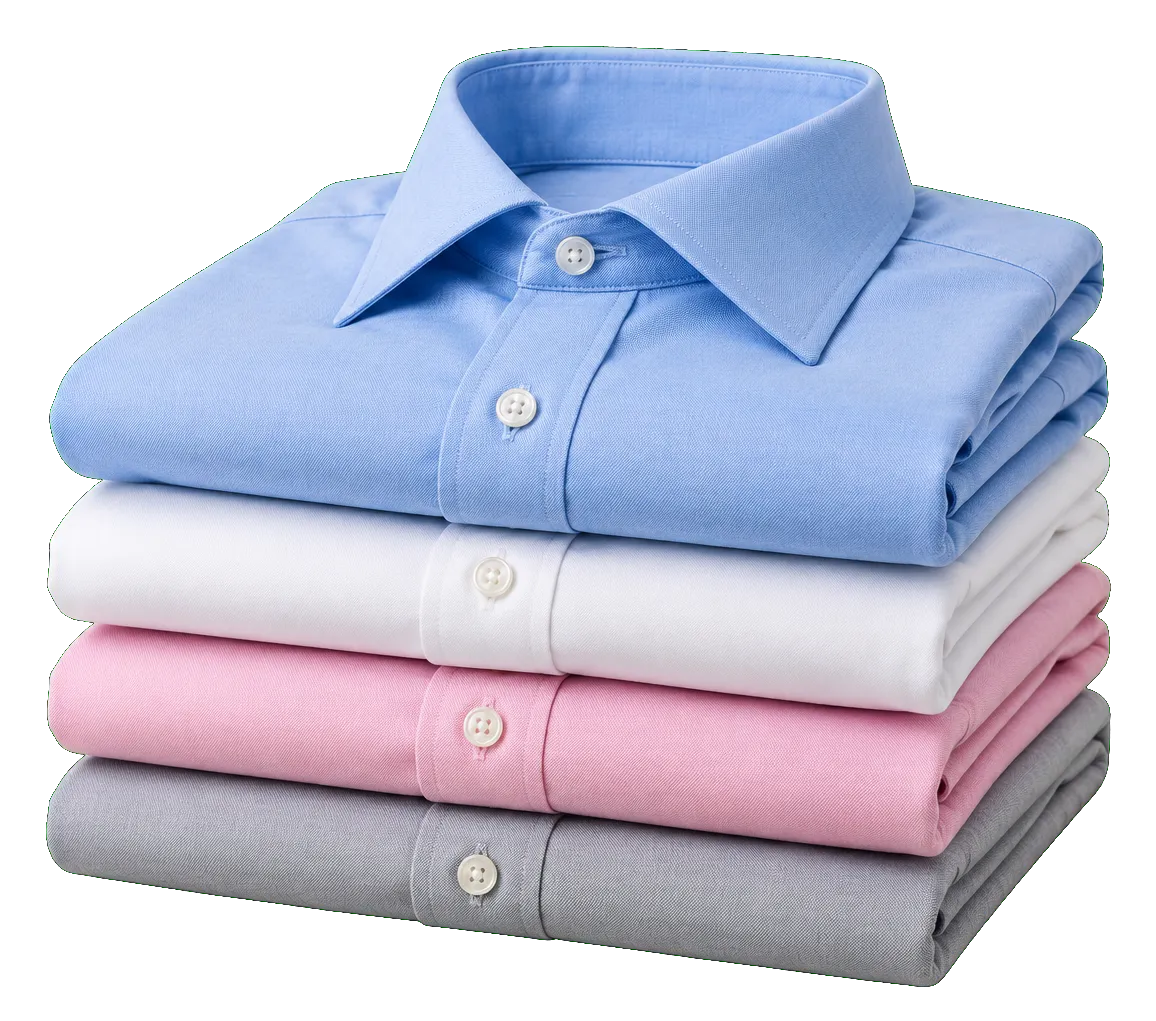 A stack of four folded, pressed shirts in light blue, white, pink and grey