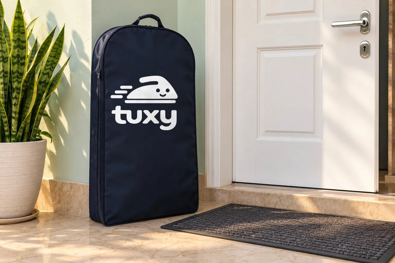 A navy Tuxy garment bag beside a white-painted panelled door with a chrome handle on a light mint wall, with a potted snake plant and a grey rubber-backed doormat.