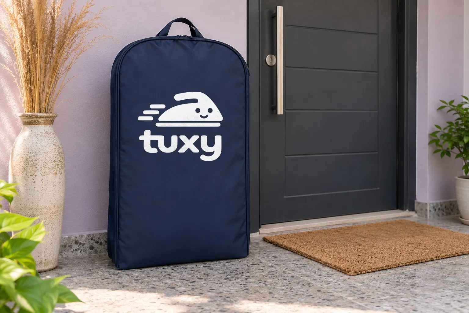 A navy Tuxy garment bag beside a charcoal door with a brushed steel handle on a soft lilac wall, with a tall ceramic vase with dried grass and a coir doormat.