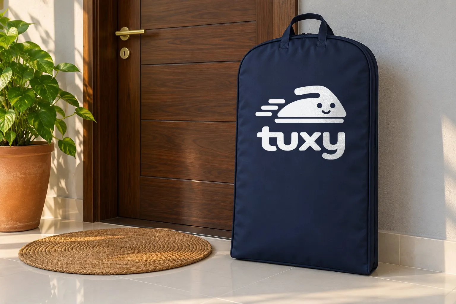A navy Tuxy garment bag beside a dark walnut wooden door with a brass lever handle on a pale grey wall, with a terracotta planter with a money plant and a round woven doormat.