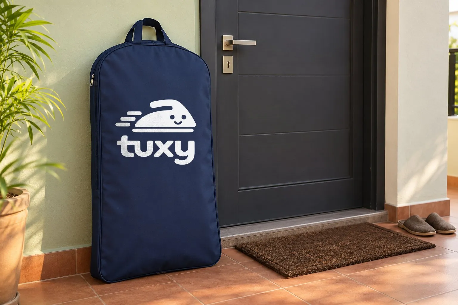 A navy Tuxy garment bag beside a charcoal door with a brushed steel handle on a light mint wall, with a pair of slippers placed neatly together and a dark brown bristle doormat.