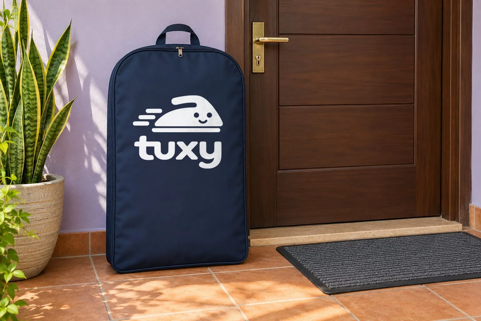 A navy Tuxy garment bag beside a dark walnut wooden door with a brass lever handle on a soft lilac wall, with a potted snake plant and a grey rubber-backed doormat.
