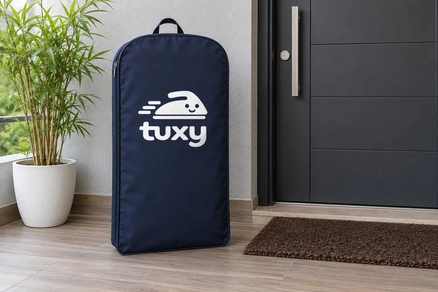 A navy Tuxy garment bag beside a charcoal door with a brushed steel handle on a pale grey wall, with a bamboo plant in a white pot and a dark brown bristle doormat.