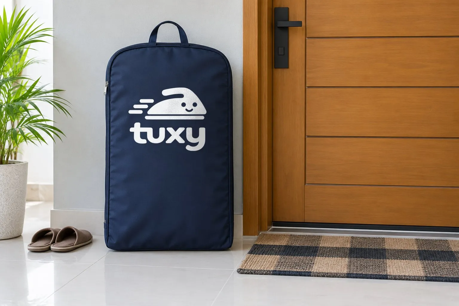 A navy Tuxy garment bag beside a honey-brown door with horizontal grooves and a black handle on a pale grey wall, with a pair of slippers placed neatly together and a checked cotton doormat.