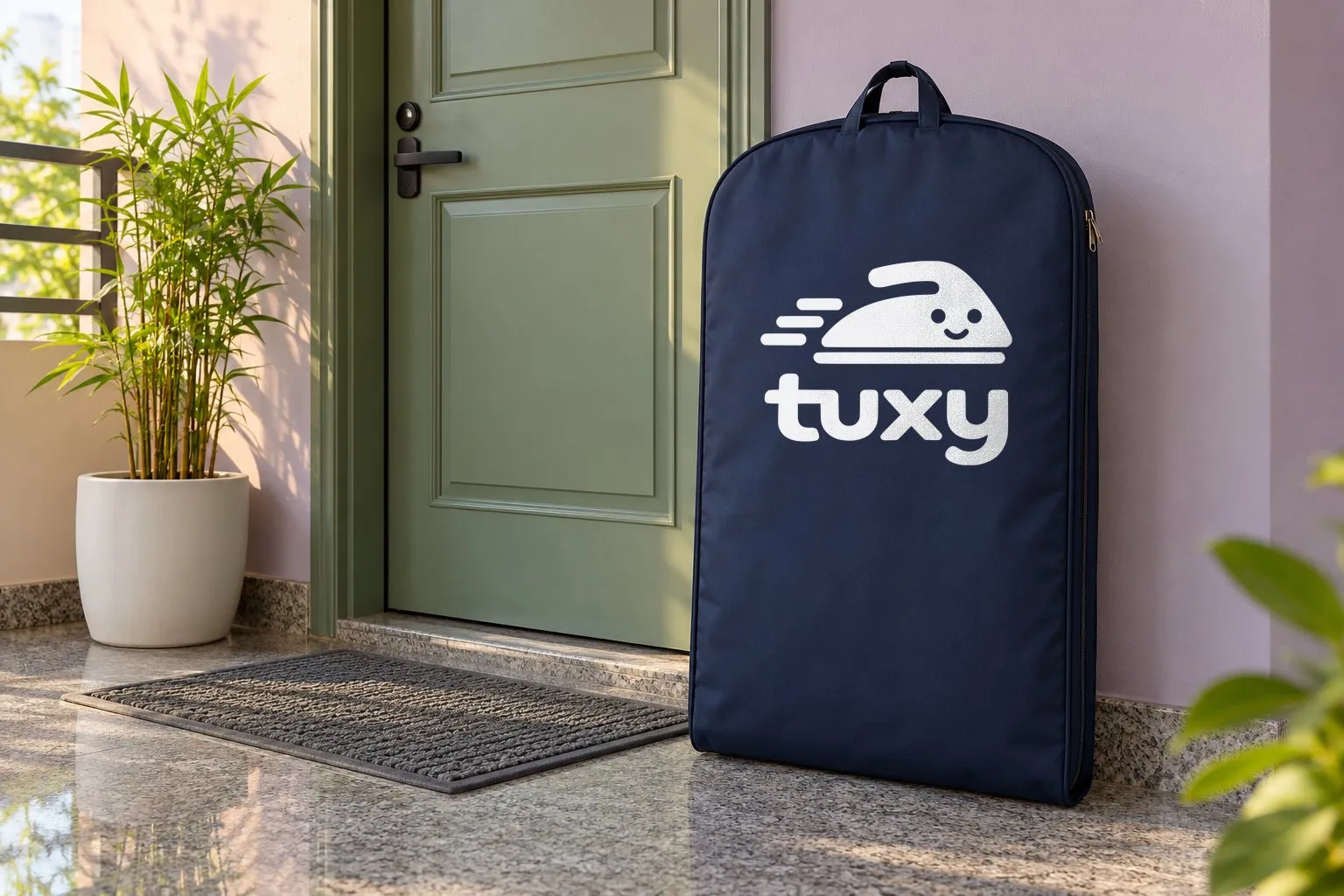 A navy Tuxy garment bag beside a sage-green painted door with a black handle on a soft lilac wall, with a bamboo plant in a white pot and a grey rubber-backed doormat.