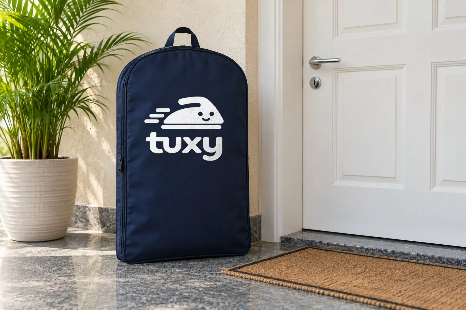 A navy Tuxy garment bag beside a white-painted panelled door with a chrome handle on a cream textured wall, with a potted areca palm and a jute doormat.