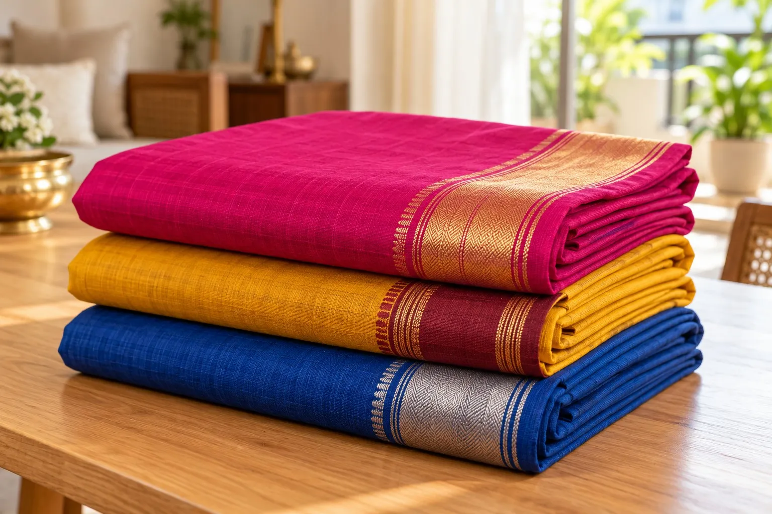 Folded cotton sarees stacked on a wooden table at home