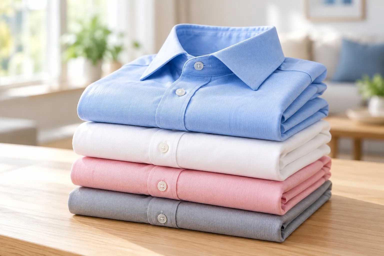 Folded shirts stacked on a wooden table at home