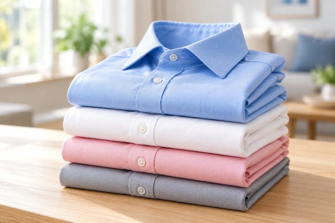 Folded shirts stacked on a wooden table at home
