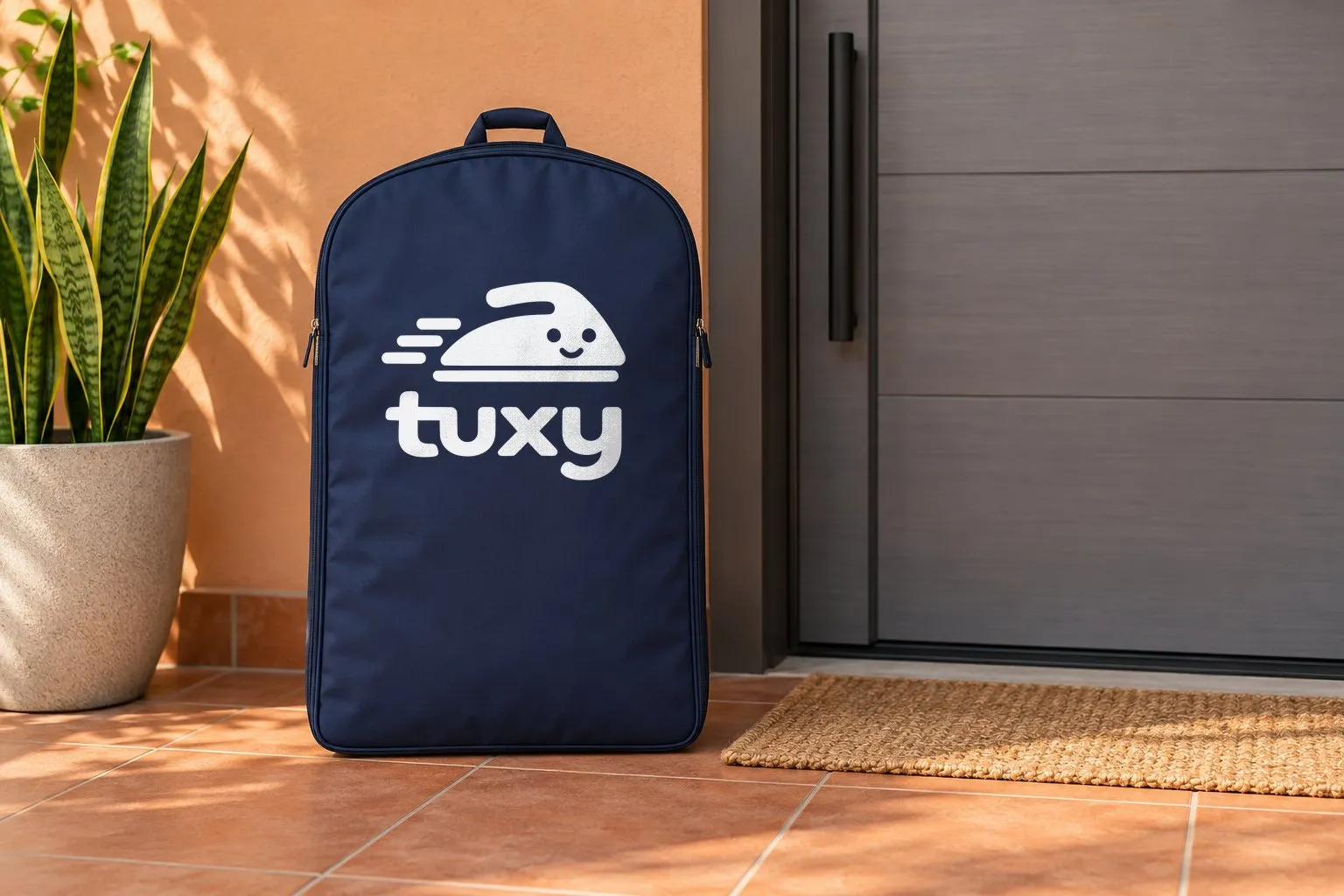 A navy Tuxy garment bag beside a grey laminate door with a long black bar handle on a warm peach wall, with a potted snake plant and a jute doormat.