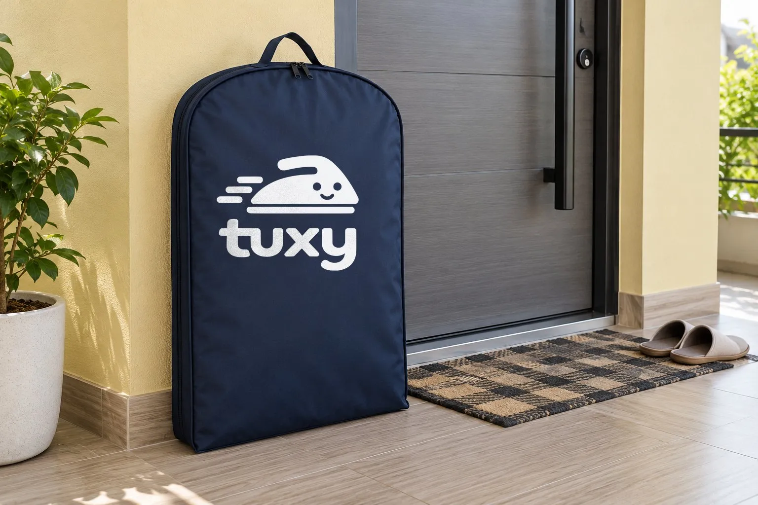 A navy Tuxy garment bag beside a grey laminate door with a long black bar handle on a pale yellow wall, with a pair of slippers placed neatly together and a checked cotton doormat.