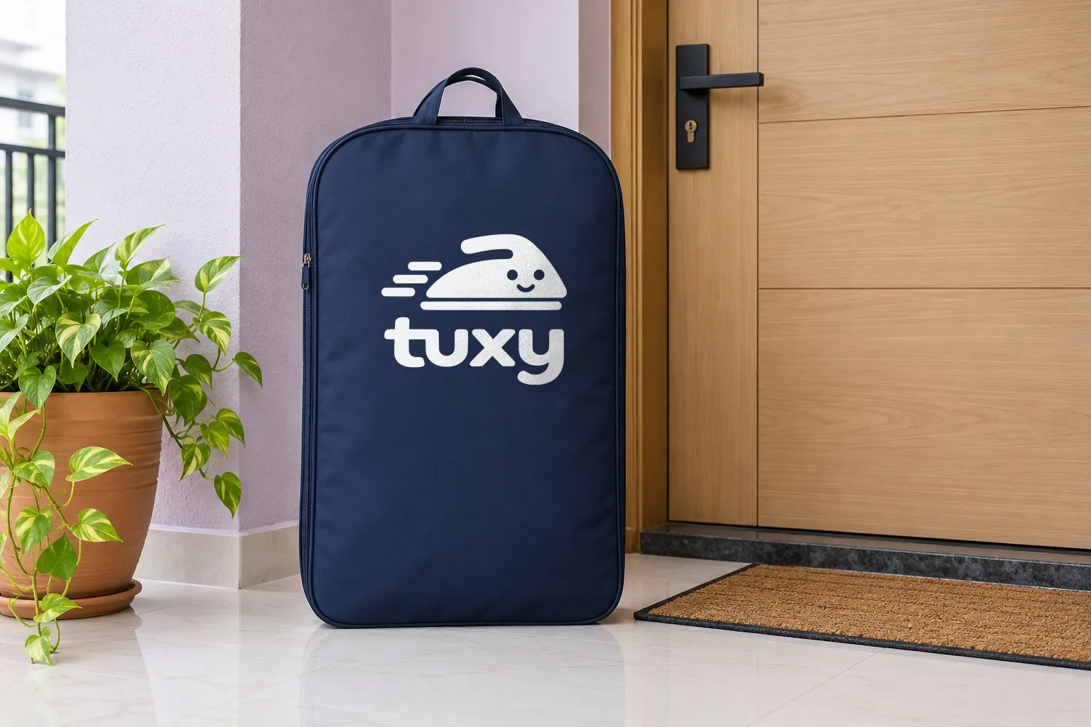 A navy Tuxy garment bag beside a pale oak door with a matt black handle on a soft lilac wall, with a terracotta planter with a money plant and a jute doormat.