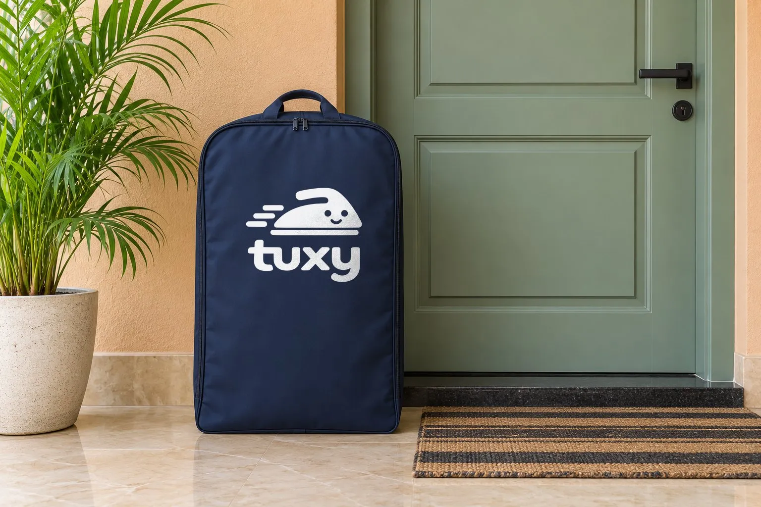 A navy Tuxy garment bag beside a sage-green painted door with a black handle on a warm peach wall, with a potted areca palm and a striped cotton doormat.
